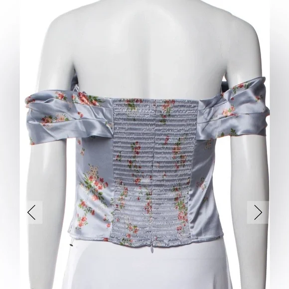 NWT Reformation Lux silk top Off the Shoulder silk corset top blue floral - Picture 5 of 13